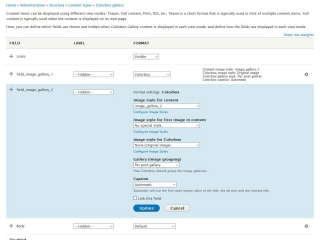 Here are the three fields on the newly created "Colorbox Gallery Page". With the settings for "field_image_gallery_2" opened up. The path to get to this page is Home >Administration >Structure >Content types >Colorbox gallery and then click on the "Manage display" tab.